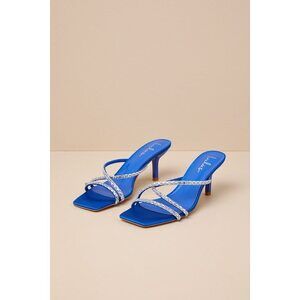 Lulus Birdine Sapphire Satin Rhinestone High Heel Sandals Blue - Size 6.5